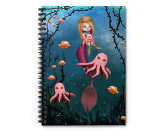 Ginger Mermaid Journal - Art by Jessica von Braun - Spiral Notebook - Ruled Line - Red Head Mermaid with Pink fins holding a pink Octopus