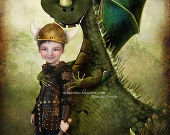 Art Print - "Evan"  - 8x10 or 11x17 Little Boy and his Pet Dragon - Green and Brown - Digital Collage Art - Nursery Art - Fantasy Fairy