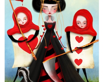 5x7 Print Small Sized Print "The Red Queen" Alice in Wonderland Queen of Hearts and Cards Print - Lowbrow Art - Jessica von Braun