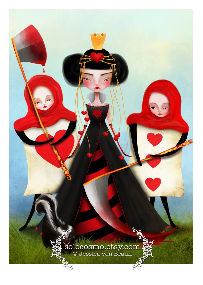 5x7 Print Small Sized Print The Red Queen Alice in Wonderland Queen of Hearts and Cards Print Lowbrow Art Jessica von Braun image 1