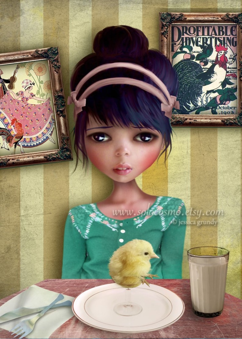 2.5x3.5 Girl and Baby Chick /'Chicken/' Artists Trading Card Mini Print ACEO ATC