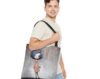 Girl 34  - Tote Bag - By Jessica von Braun - Three Sizes - Creepy Cute Pop Lowbrow Art - Girl in blue and grey wearing a yellow Dress