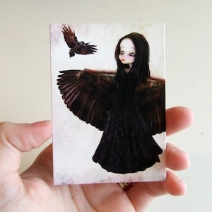 ACEO/ATC Mini Fine Art Print "The Crow" Artist Trading Card 2.5x3.5 - Lowbrow Art Girl Crow/Blackbird/Raven - Darker Gothic Black and White