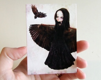 ACEO/ATC Mini Fine Art Print "The Crow" Artist Trading Card 2.5x3.5 - Lowbrow Art Girl Crow/Blackbird/Raven - Darker Gothic Black and White