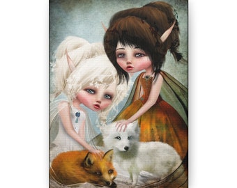 Xylis Canvas Print - Gallery Wrap Canvas print - Fine Art print by Jessica von Braun - Pop Lowbrow Art - Little Elf Girls with Foxes