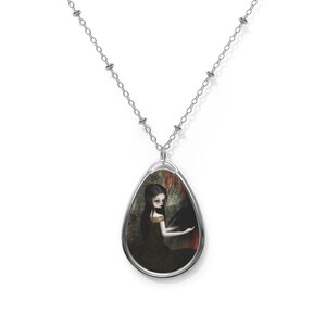 Lenore - Oval Necklace - Pendant - Art by Jessica von Braun - Silver chain - Big Eye Girl Art - Edgar Allen Poe Inspired Raven Art