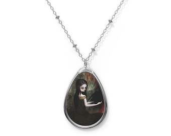 Lenore - Oval Necklace - Pendant - Art by Jessica von Braun - Silver chain - Big Eye Girl Art - Edgar Allen Poe Inspired Raven Art
