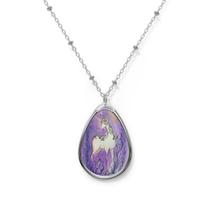 The Last Unicorn - Oval Necklace - Pendant - Art by Jessica von Braun - Silver chain - The Unicorn Lived in a Lilac Wood