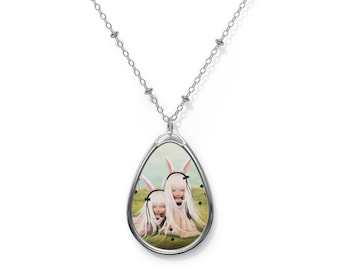 Identical  - Oval Necklace - Pendant - Art by Jessica von Braun - Silver chain - Little Twin Bunny Girl Sisters