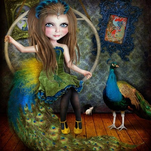 Art Print Little Bird Circus Performer Art Peacock Girl 8.5x11 / 8x10 All sizes Giclee Print Jessica von Braun Digital collage image 1