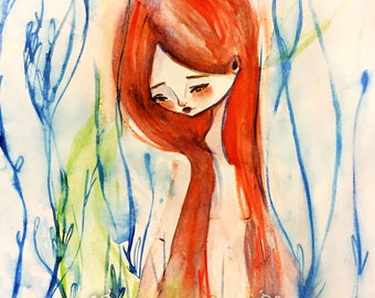 ACEO ATC Artist Trading Card - "The Little Mermaid' - Mini Fine Art Print by Jessica von Braun - 2.5x3.5" - Mini art - Mermaid Art - Redhead