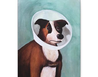 Amelie Film Dog in Cone Canvas Print - Museum Wrap Canvas - Lowbrow Fine Art print by Jessica von Braun - Watercolor Reproduction Art