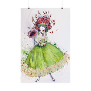 May include: A watercolor painting of a girl with a green dress and a crown of red roses. She is holding a large red flower with a black center.