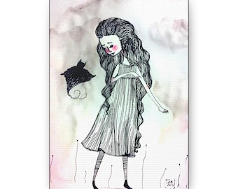 Mysterious Canvas Print - Gallery Wrap Canvas - Lowbrow Fine Art print by Jessica von Braun - Watercolor creepy cute Darkling Girl Art