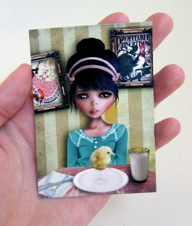 2.5x3.5 Girl and Baby Chick /'Chicken/' Artists Trading Card Mini Print ACEO ATC