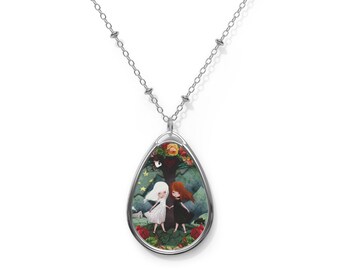 Snow White and Rose Red Oval Necklace - Pendant - Art by Jessica von Braun - Silver chain -  Sisters - Fairy Tale Art