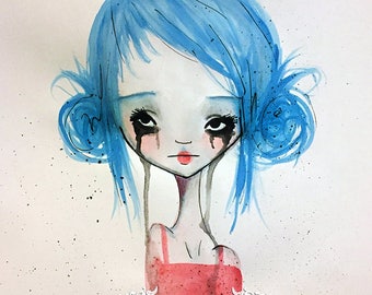 5x7 Fine Art Print - 'Blue Girl' - Small Giclee Print of Watercolor by Jessica von Braun - Big eye art