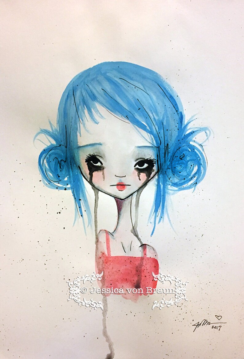 5x7 Fine Art Print 'Blue Girl' Small Giclee Print of Watercolor by Jessica von Braun Big eye art image 1