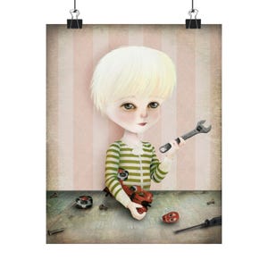 May include: A young boy with blonde hair is holding a spanner and working on a toy car. He is wearing a green and white striped shirt. The boy is sitting at a table with a variety of tools and toy cars.