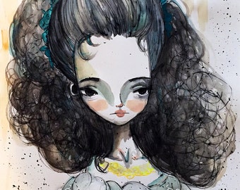 ACEO ATC - "Sarah" - Artists Trading Card - Mini Fine Art Print - 2.5x3.5" - Little dark haired girl - Watercolor print by Jessica Grundy