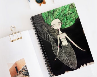 Little Green Mermaid Journal - Art by Jessica von Braun - Spiral Notebook - Ruled Line - Little Siren Girl