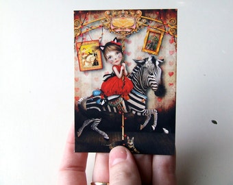 ACEO ATC - "Carousel Dreams" - Artists Trading Card - Mini Fine Art Print - 2.5x3.5" - Small Carnival Circus Art Print Little Girl and Zebr