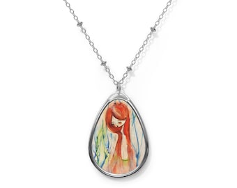 Little Mermaid- Oval Necklace - Pendant - Art by Jessica von Braun - Silver chain - Watercolor Art Necklace - Mermaid with red hair