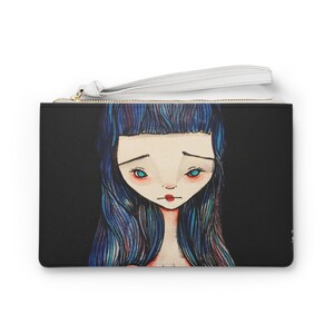 Lilian Clutch - Art bag by Jessica von Braun - Vegan bag - Money Bag - Change Purse - Blue Haired Girl with Dark Heart