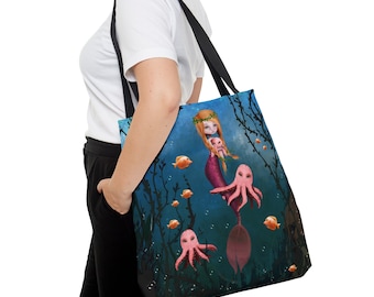 Ginger Mermaid  - Tote Bag - By Jessica von Braun - Three Sizes - Creepy Cute Pop Lowbrow Art - Pink Mermaid with Octopus - Red Head Girl