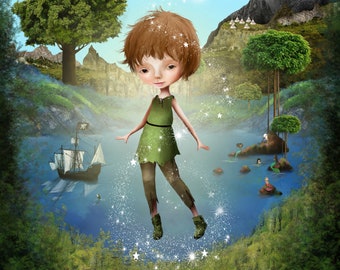 Peter Pan -  Fairy Tale Art Print 8.5x11 or 8x10 or 11x17 Premium Giclee Art Print - Fantasy illustration by Jessica von Braun