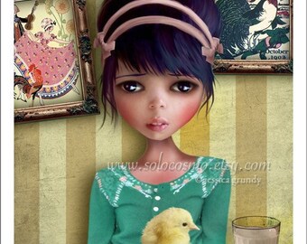 5x7 Premium Art Print "Chicken" Small Size Giclee Print of Original Lowbrow Artwork - Digital Collage and Painting Girl and Baby Chick