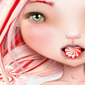 Candy Cane Girl Peppermint ACEO/ATC Artist Trading Card Mini Print 2.5x3.5 by Artist Jessica Grundy image 2