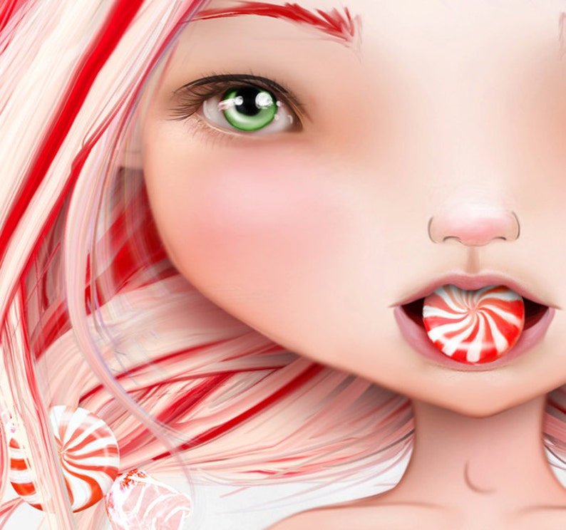 Candy Cane Girl Peppermint ACEO/ATC Artist Trading Card Mini Print 2.5x3.5 by Artist Jessica Grundy image 2