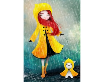 Friday Afternoon - Poster - Matte Vertical Posters - Multi Sized - Fine Art Print - Jessica von Braun - Rainy Day Dog Walking