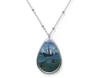 Little Mermaid and Ship - Oval Necklace - Pendant - Art by Jessica von Braun - Silver chain - Big Eye Girl Art - Fairy Tale Art