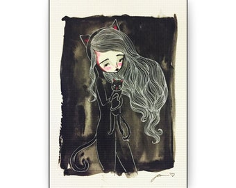 Catgirl Canvas Print - Gallery Wrap Canvas print - Lowbrow Fine Art print by Jessica von Braun - Watercolor Creepy Cute Dark Art