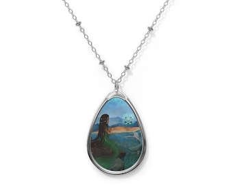 Little Mermaid and Castle - Oval Necklace - Pendant - Art by Jessica von Braun - Silver chain - Fantasy Art - Fairy Tale Art