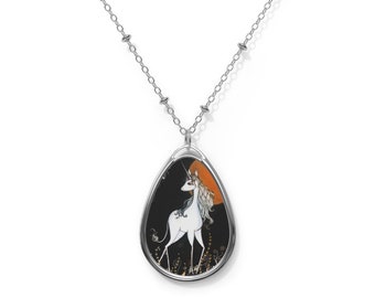 The Last Unicorn - Oval Necklace - Pendant - Art by Jessica von Braun - Silver chain - Golden Moon