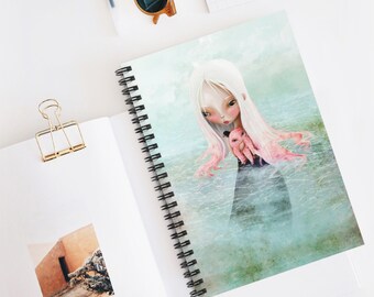 A Friend for the Journey Journal - Little mermaid and pet Octopus - Art by Jessica von Braun - Spiral Notebook - Ruled Line