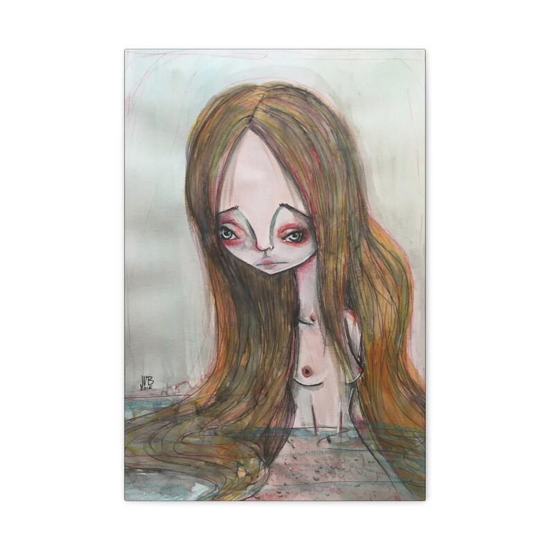 Mermaid Canvas Print Gallery Wrap Canvas Lowbrow Fine Art print by Jessica von Braun Watercolor Siren Art 18″ x 24″