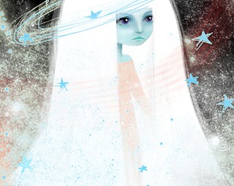 ACEO/ATC Artists Trading Card Mini Fine Art Print - "Space" -  Little Alien Goddess Girl - 2.5x3.5" Artwork by Jessica Grundy