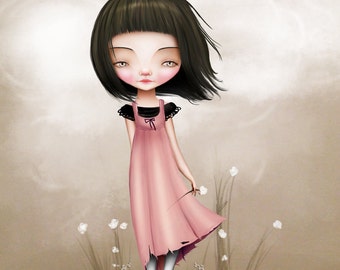 Fine Art Print - 'Hazel' - Medium to large prints - 8x10 - 11x17 - Little Girl with White Flowers - Cute Lowbrow Art - Pink Black Cream