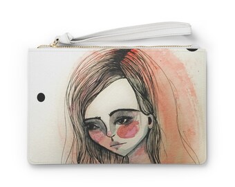 Lady Clutch - Art bag by Jessica von Braun - Vegan bag - Money Bag - Change Purse - pink black and white watercolor art