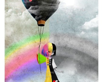 5x7 Fantasy Art Print Black and White Rainbow Girl "Causing a Stir" Cute Premium Giclee Fine Art Print