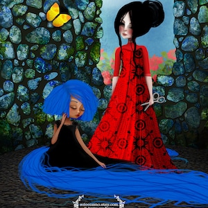 Art Print - 'Rapunzel and the Witch' - 8x10 or 8.5x11 or 11x17 Fine Giclee Art Print - fairy tale Fantasy Artwork - Blue and Red - Grimms