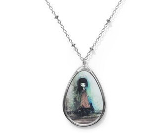 Kitty - Oval Necklace - Pendant - Art by Jessica von Braun - Silver chain - Watercolor Art Pendant Necklace