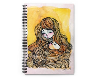 Golden Girl Journal - Art by Jessica von Braun - Spiral Notebook - Ruled Line - Watercolor Girl in Gold and Orange - Drawing