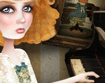 Redhead Lady Playing Piano Print "Why Dream" Fine Art 8.5x11 OR Larger Premium Giclee Print of Original Digital collage - Ginger Girl
