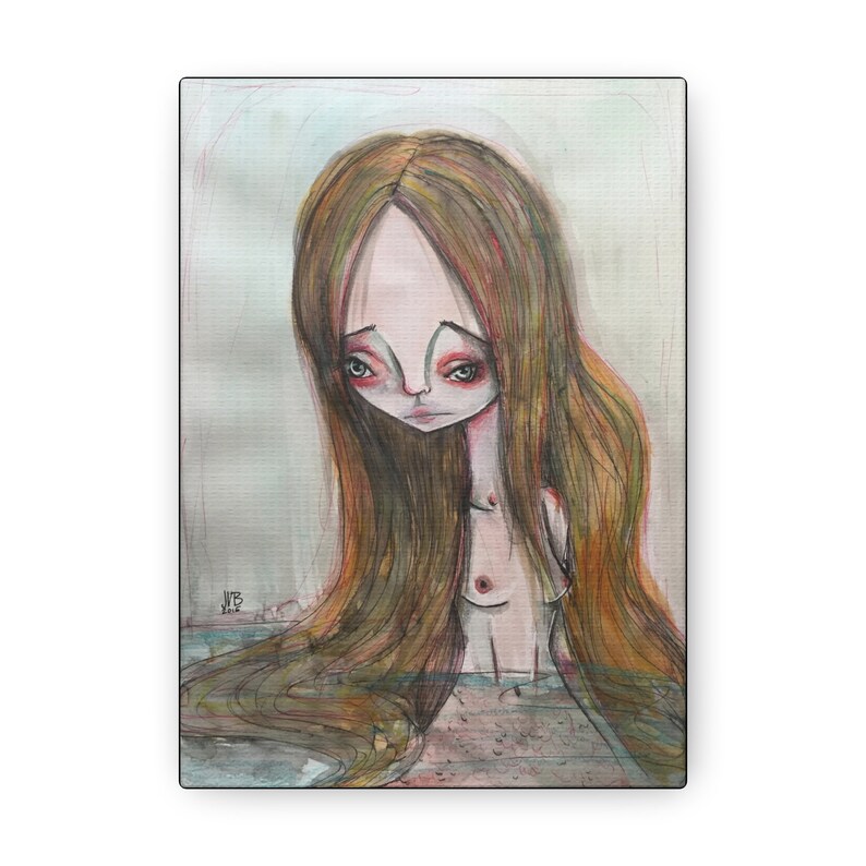 Mermaid Canvas Print Gallery Wrap Canvas Lowbrow Fine Art print by Jessica von Braun Watercolor Siren Art 5″ x 7″