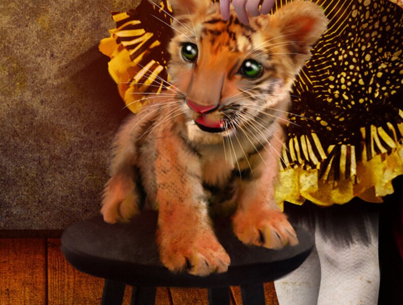 Fine Art Print Ring of Fire Medium Size 8.5x11 / 8x10 Digital Collage Lowbrow Art Circus Performer Girl Tiger Tamer image 2